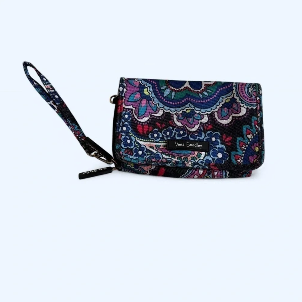 Vera Bradley RFID Tech Small Zip Wristlet Wallet Floral Paisley Clutch Blue